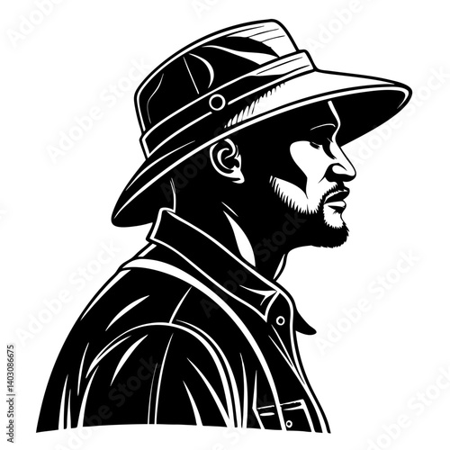 Exploration Adventurer in Profile with Wide Brimmed Hat and Shirt Design for Tattoo or Apparel