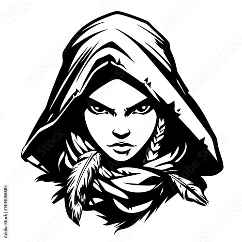 Fierce Warrior Woman in Hooded Cloak with Braids and Feathers for Tattoo and Graphic Design