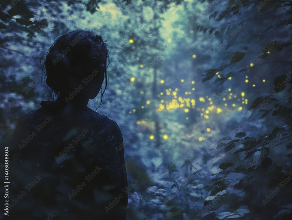 Fototapeta premium Silhouette of a person gazing at a glowing, mystical forest.