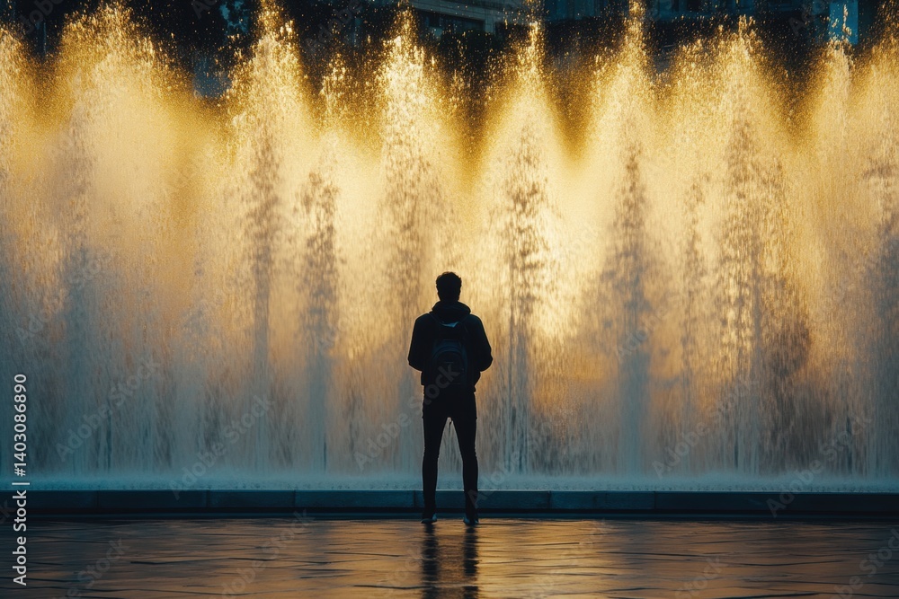 Fototapeta premium Silhouette of a person facing a glowing fountain at night.