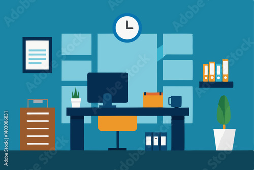 Set of flat design home and office furniture icons illustrating a room's interior with a table, chair, and computer desk