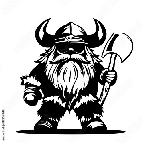 Fearsome Viking Warrior Character Holding Axe with Detailed Beard and Horned Helmet Design