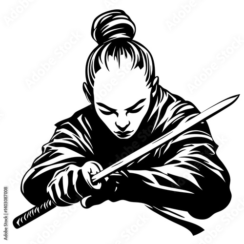 Focused Samurai Warrior Preparing for Battle with Katana Sword in Dynamic Pose