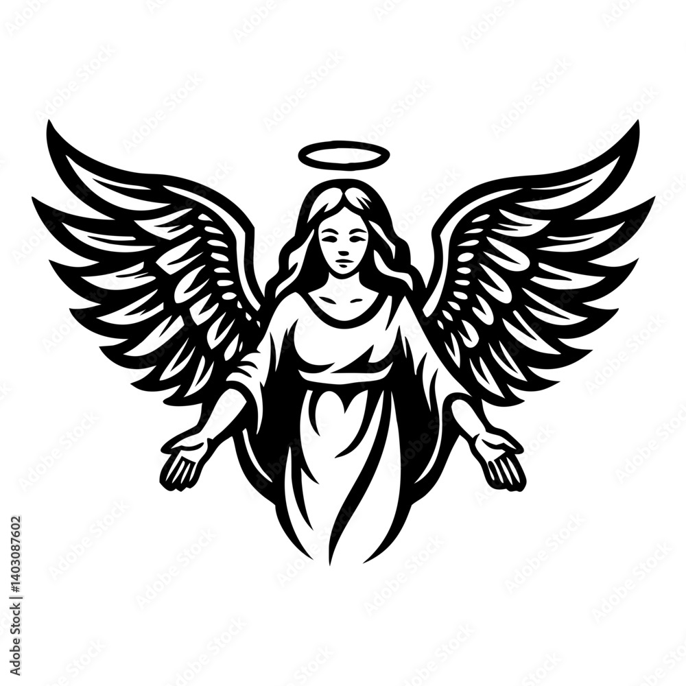 Fototapeta premium Majestic Angel with Outstretched Wings and Halo Ideal for Tattoo or Coloring Book Design