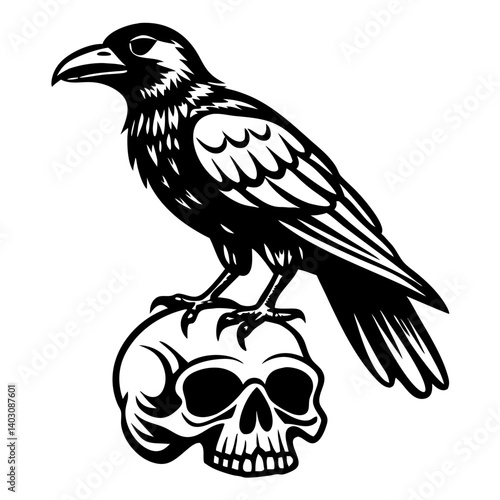 Raven Perched on Skull Dark Gothic Design Ideal for Tattoos and Graphic Art