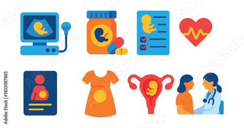 Set of pregnancy-related icons: ultrasound, pills, checklist, heart, book, dress, uterus, consultation.