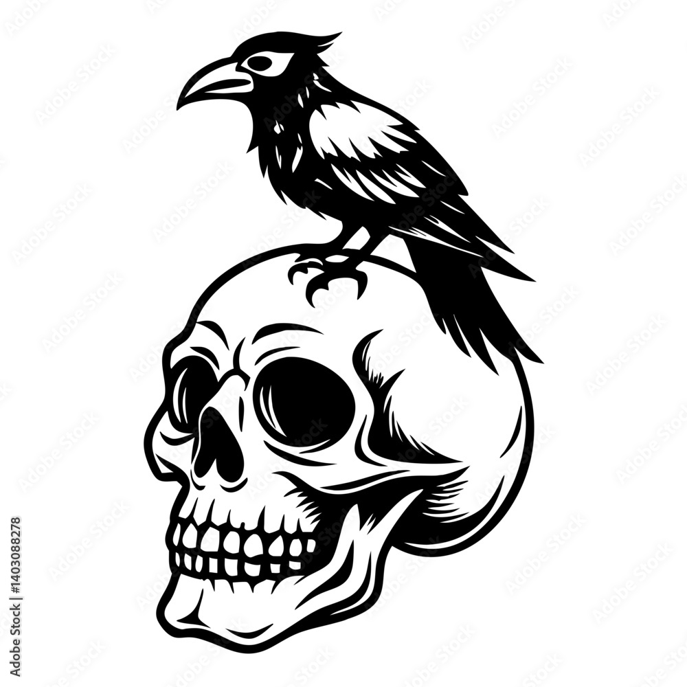 Fototapeta premium Raven Standing on Skull Vintage Gothic Design Perfect for Tattoo Art and Graphic Projects