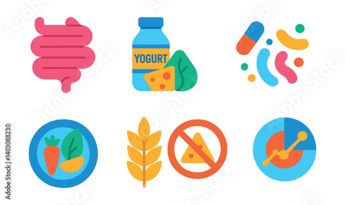 Set of digestive icons: intestine, yogurt, pills, vegetables, wheat, no cheese, pie chart.