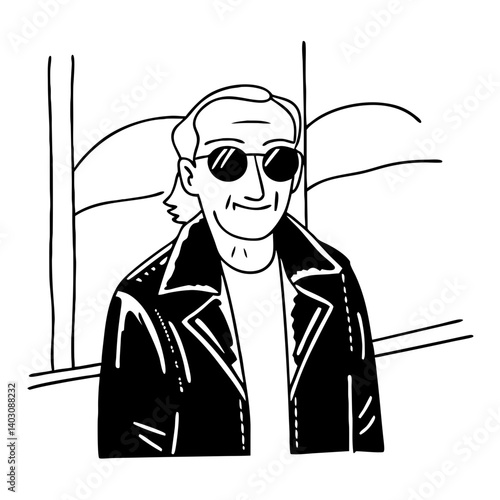 Cool Character in Sunglasses and Leather Jacket with Background Elements for Tattoo and Design