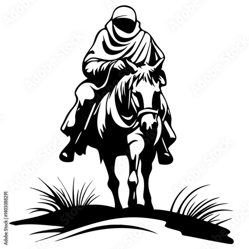 Mysterious Rider on Horseback Silhouette Design for Tattoos and Illustrations