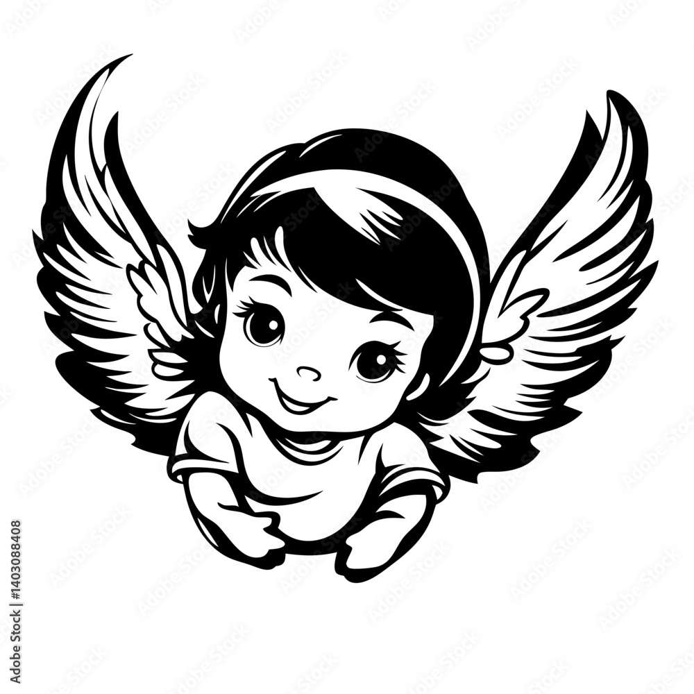 Fototapeta premium Cute Angelic Baby Character with Wings for Tattoo Design and Children's Art Projects
