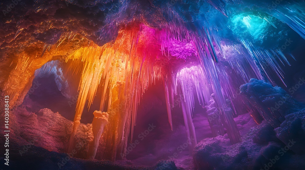 Fototapeta premium Exploring Colorful Ice Cave with Many Stalactites