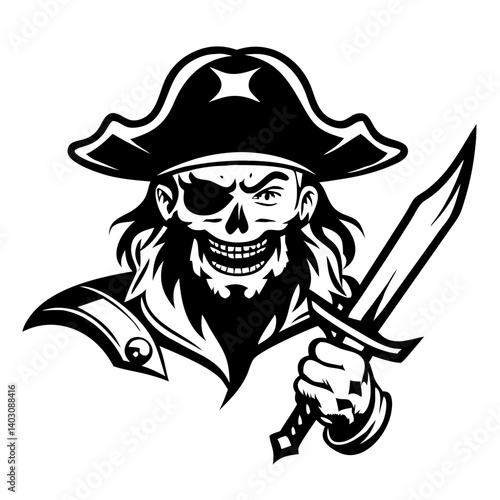 Fearless Pirate Skull Character with Sword and Hat for Tattoo Art or Graphic Design