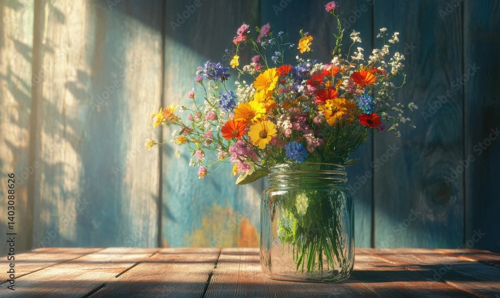 Fresh bouquet of wildflowers in a mason jar on a rustic wooden table, natural light enhancing vibrant colors and textures,