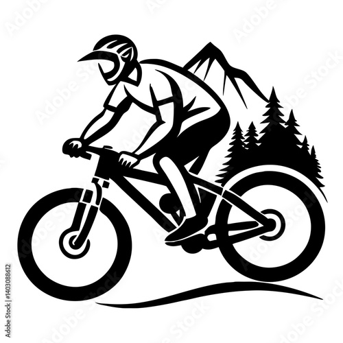 Mountain Biker Riding Through Forest Landscape Silhouette for Outdoor Adventure Designs