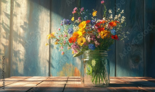 Obraz na płótnie Fresh bouquet of wildflowers in a mason jar on a rustic wooden table, natural light enhancing vibrant colors and textures, w salonie