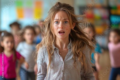 A daycare teacher looking stressed as multiple kids run around her, some tugging at her clothes while others play noisily in the background 