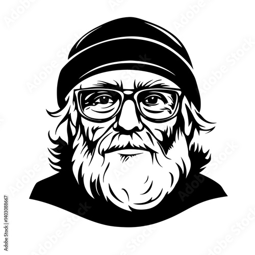 Bearded Man with Glasses and Beanie Vector Portrait for Tattoo and Graphic Design