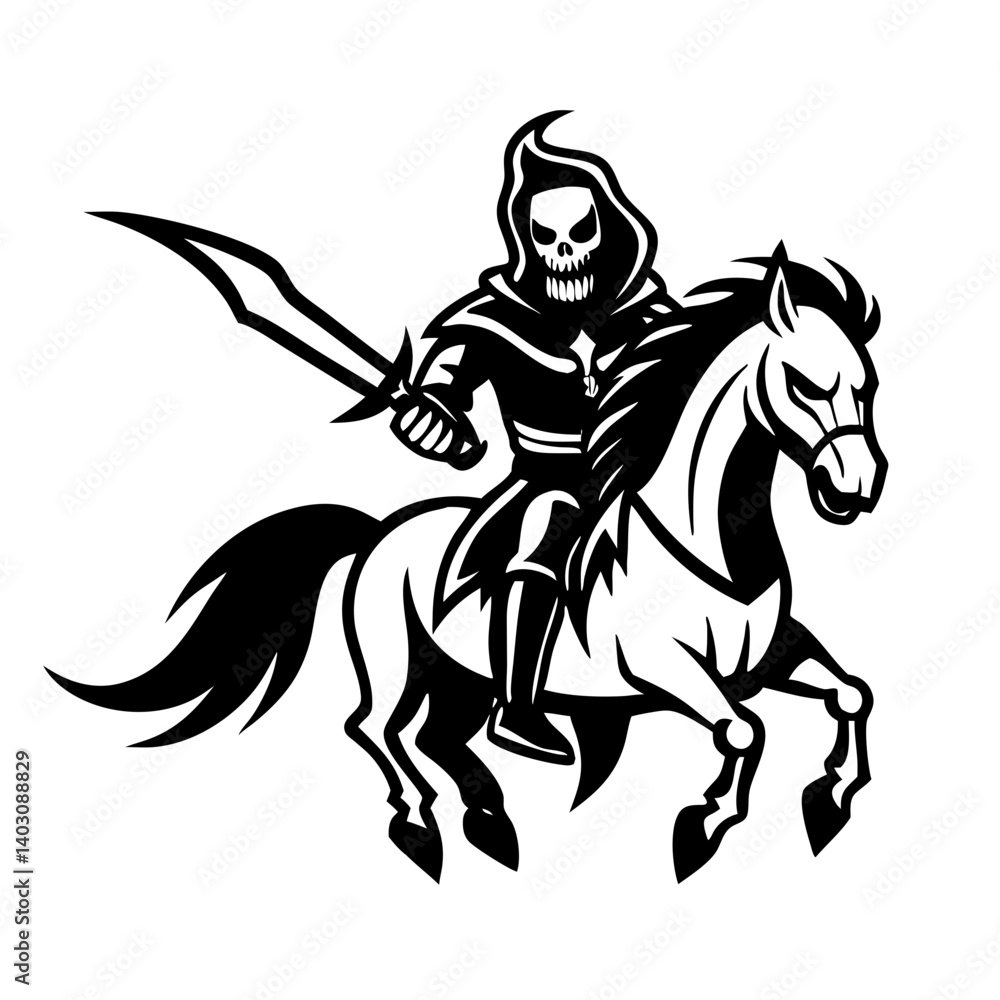 Fototapeta premium Menacing Grim Reaper Riding Horse with Sword for Gothic and Halloween Designs