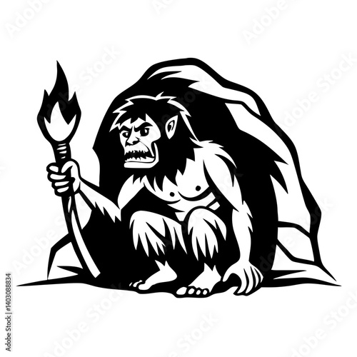 Cave Dweller Holding Torch Illustrating Primitive Human Survival Skills and Prehistoric Culture