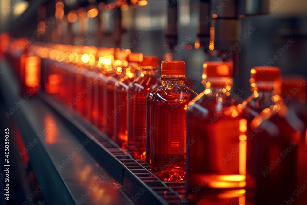 Assembly line with orange beverage bottles in factory setting Assembly line with orange beverage bottles in factory setting