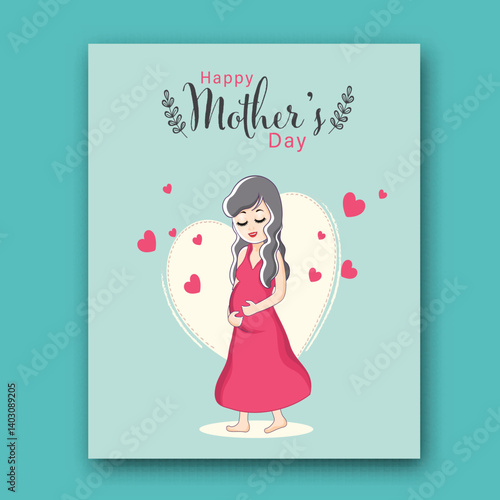 Happy Mother's Day Card with Cartoon Pregnant Woman as a Mother's Love Illustration.