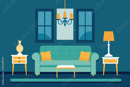 Luxury modern living room interior design with comfortable sofa, contemporary furniture, and warm lighting
