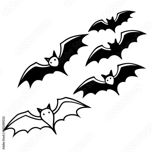 A group of bats flying in formation, minimal vector style