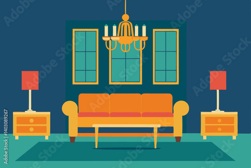 Modern living room interior design with contemporary furniture including a sofa and wooden floor