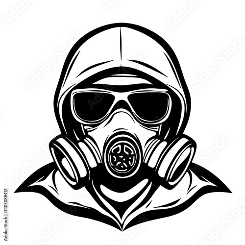 Stylish Gas Mask Wearer with Hoodie and Sunglasses for Edgy Tattoo and Graphic Designs