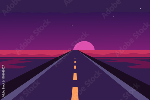 Night travel on an asphalt highway with car lights illuminating the fast lane under a dramatic sky