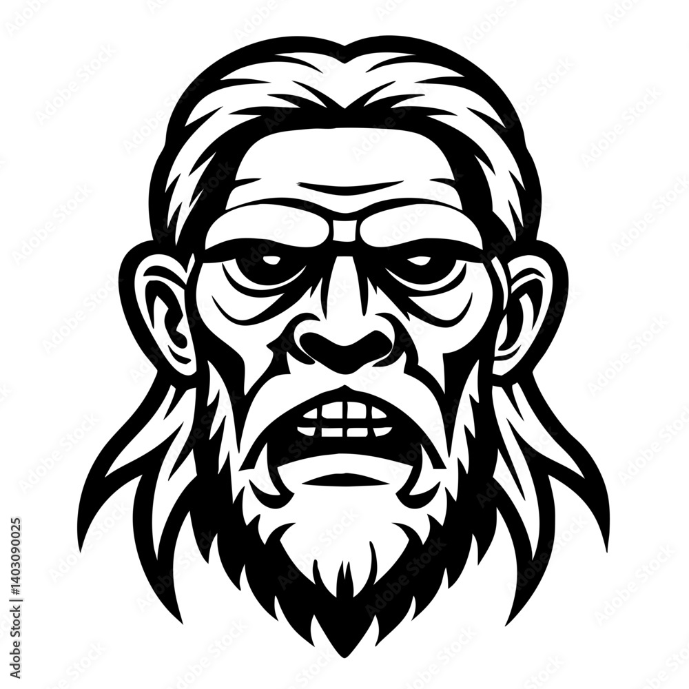 Fototapeta premium Bold Monochrome Illustration of an Aggressive Bearded Warrior Head for Tattoo and Graphic Design