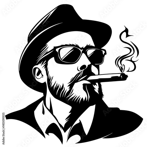 Stylish Man Smoking Cigar in Sunglasses Vintage Look Illustration for Tattoo and Design
