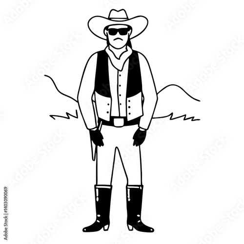 Cowboy Character Illustration with Hat Sunglasses and Western Attire for Creative Projects