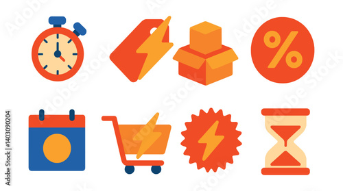 Set of stopwatch, tags, boxes, percent, calendar, cart, starburst, and hourglass icons.