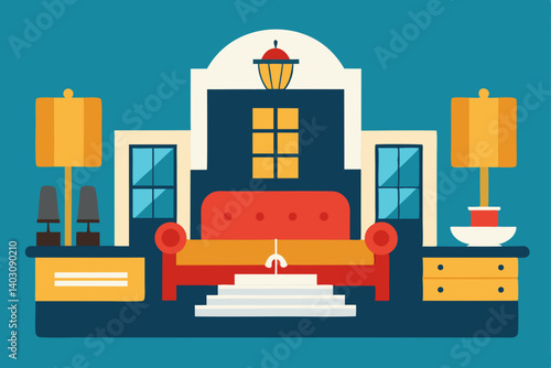 Vector illustration set of modern hotel room and office interior design with furniture icons