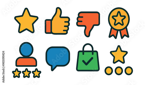 Set of icons: star, thumbs up, thumbs down, medal, profile, speech bubble, shopping bag, stars.