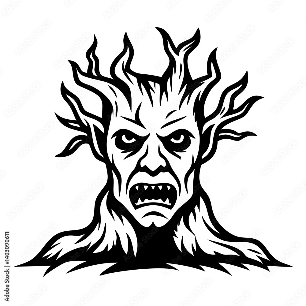 Fototapeta premium Menacing Tree Monster Face with Twisted Branches for Fantasy Artwork and Tattoo Designs