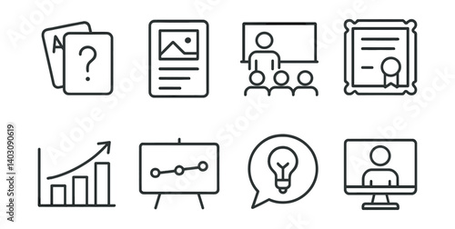 Series of icons that include a question mark, a picture, a person