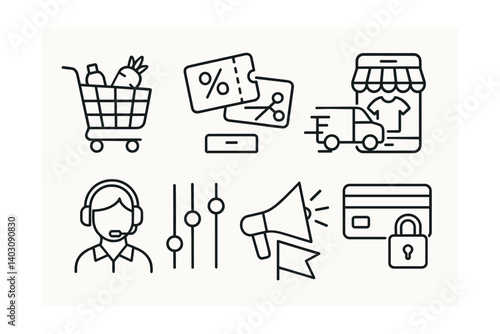 Set: Shopping cart, discount tickets, delivery truck, online store, customer service, settings, megaphone, credit card.