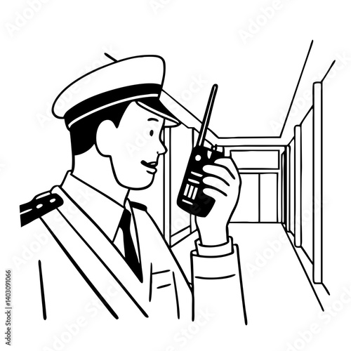 Security Officer Communicating with Walkie Talkie in a Hallway for Emergency Preparedness