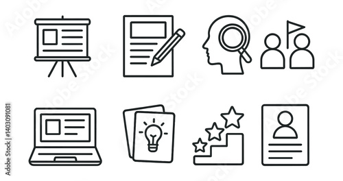 Series of icons for a presentation, including a laptop, a slide projector