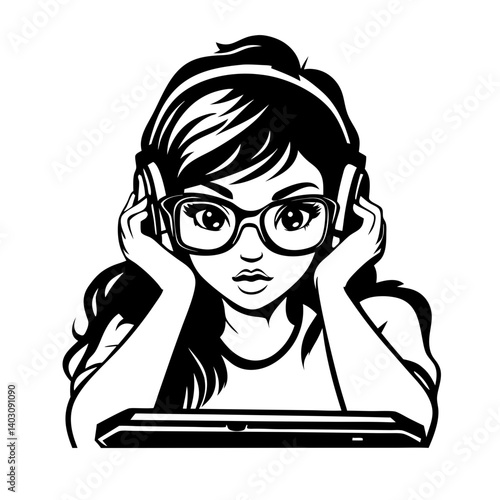 Stylish Girl Wearing Headphones with Glasses Enjoying Music on a Tablet for Creative Projects