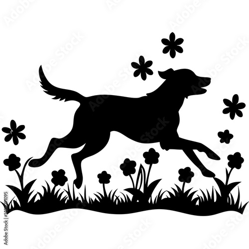 Playful Dog Silhouette Running Through Flowers with Grass for Unique Home Decor or Pet Projects