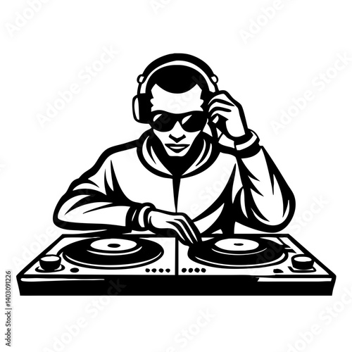 Stylish DJ Mixing Music with Turntables and Headphones for Creative Design Projects