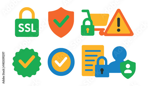 Set of icons: SSL lock, shield, cart, warning, rosette, circle, document, profile.