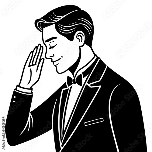 Elegant Man in Tuxedo Saluting Classic Vintage Illustration Ideal for Fashion and Design Projects