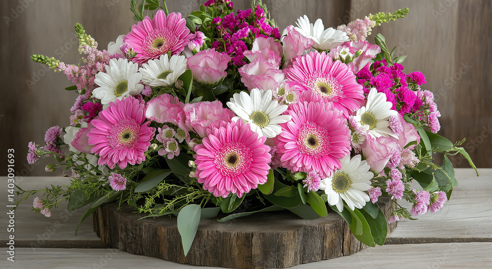 Um buquê de flores rosas e brancas, incluindo margaridas e cravos, dispostos em um ambiente rústico de madeira Um buquê de flores rosas e brancas, incluindo margaridas e cravos, dispostos em um ambiente rústico de madeira