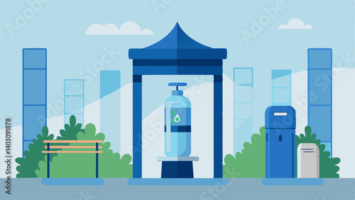 A water fountain and water bottle filling station can be found near the entrance of the pavilion promoting hydration and sustainability.