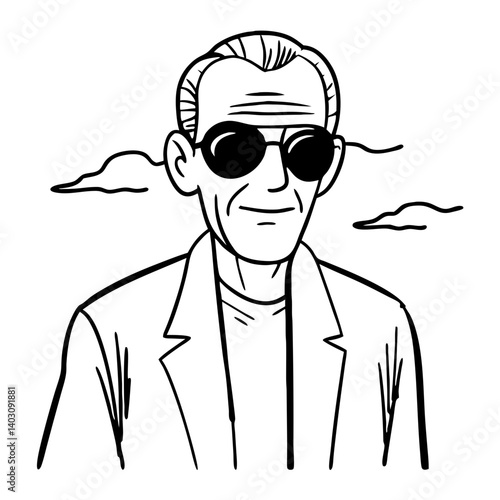 Stylish Elderly Man with Sunglasses Line Art Illustration for Tattoo Design and Coloring Book